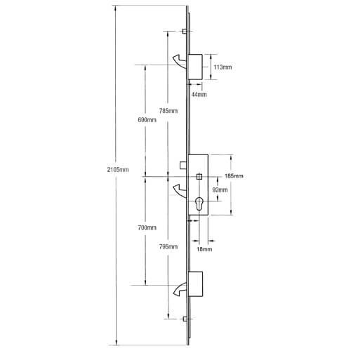 Winkhaus Scorpion Latch 3 Hooks 2 Rollers Split Spindle Multipoint Door Lock - Option 2 (top hook to spindle = 690mm) - Image 2