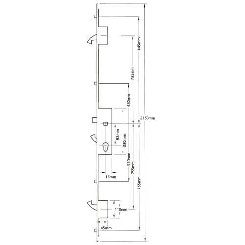 GU Protector Latch 3 Hooks 4 Rollers Lift Lever Multipoint Door Lock (top hook to spindle = 735mm) - Image 2